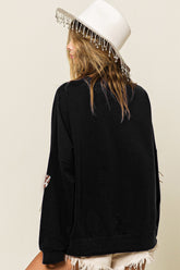 BiBi Sequin Fringe Football Patch Round Neck Sweatshirt - Glamorous Sporty Style